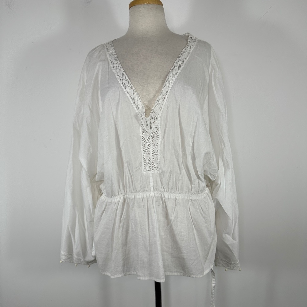 NWT Lane Bryant White Cotton V Neck Blouse Pom Pom Tunic Boho 18/20